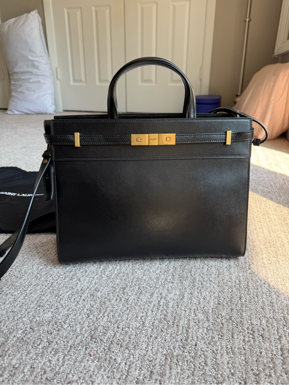 SAINT LAURENT Calfskin Small Manhattan Shopper Tote Black with gold hardware